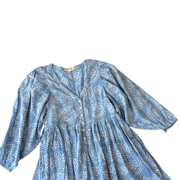 Madewell Blue Floral Bubble Sleeve Button-Front Summer Mini Dress Size Medium - Picture 5 of 8